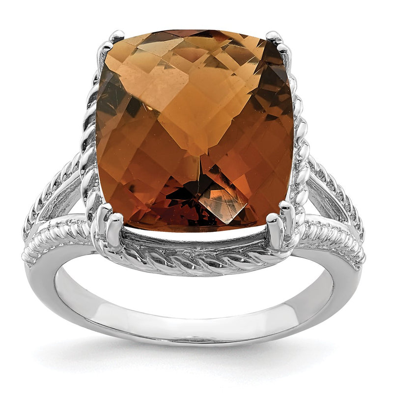 Sterling Silver Rhodium Checker Cut Whiskey Quartz Ring