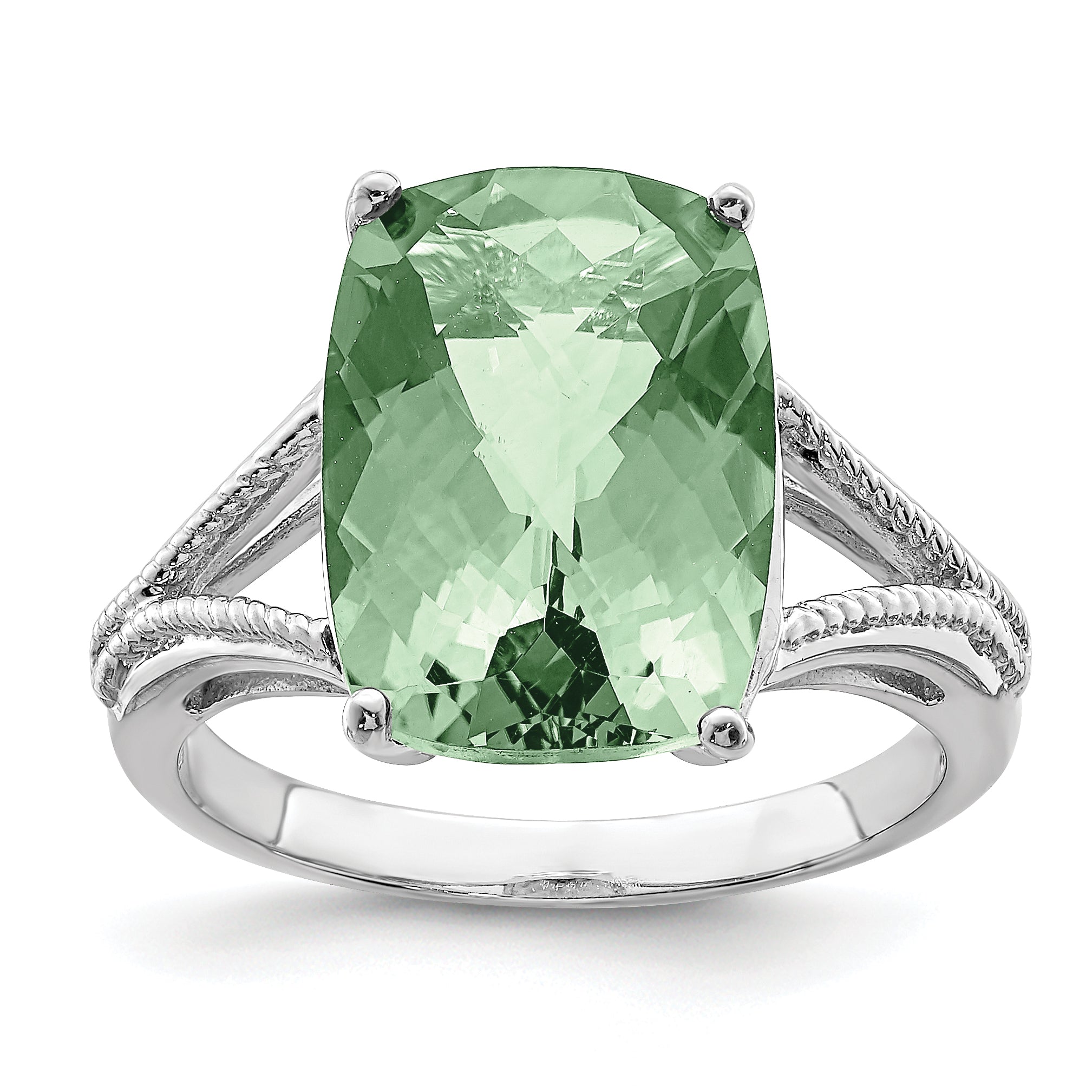 Sterling Silver Rhodium Checker Cut Green Quartz Ring