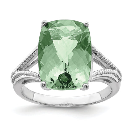 Sterling Silver Rhodium Checker Cut Green Quartz Ring