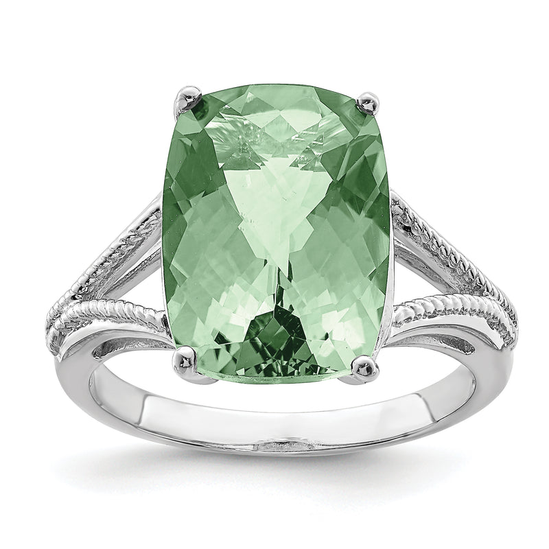 Sterling Silver Rhodium Checker Cut Green Quartz Ring