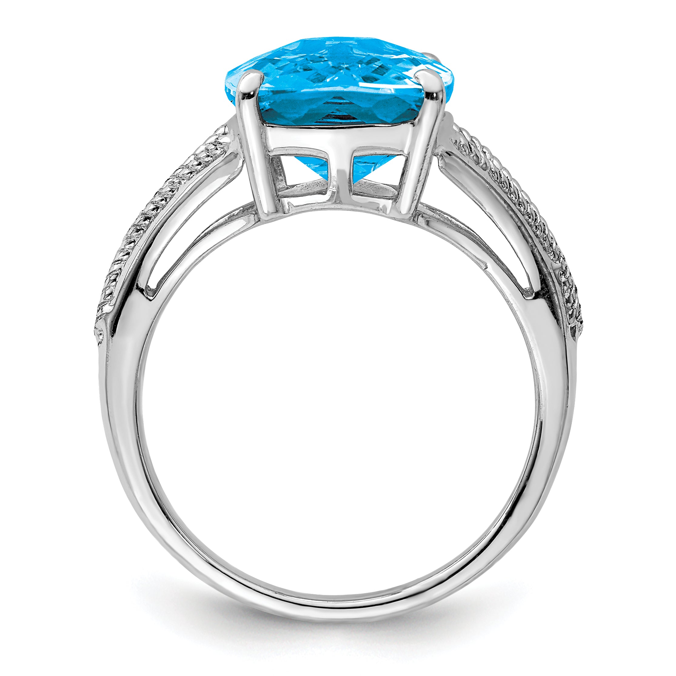 Sterling Silver Rhodium Checker Cut Blue Topaz Ring