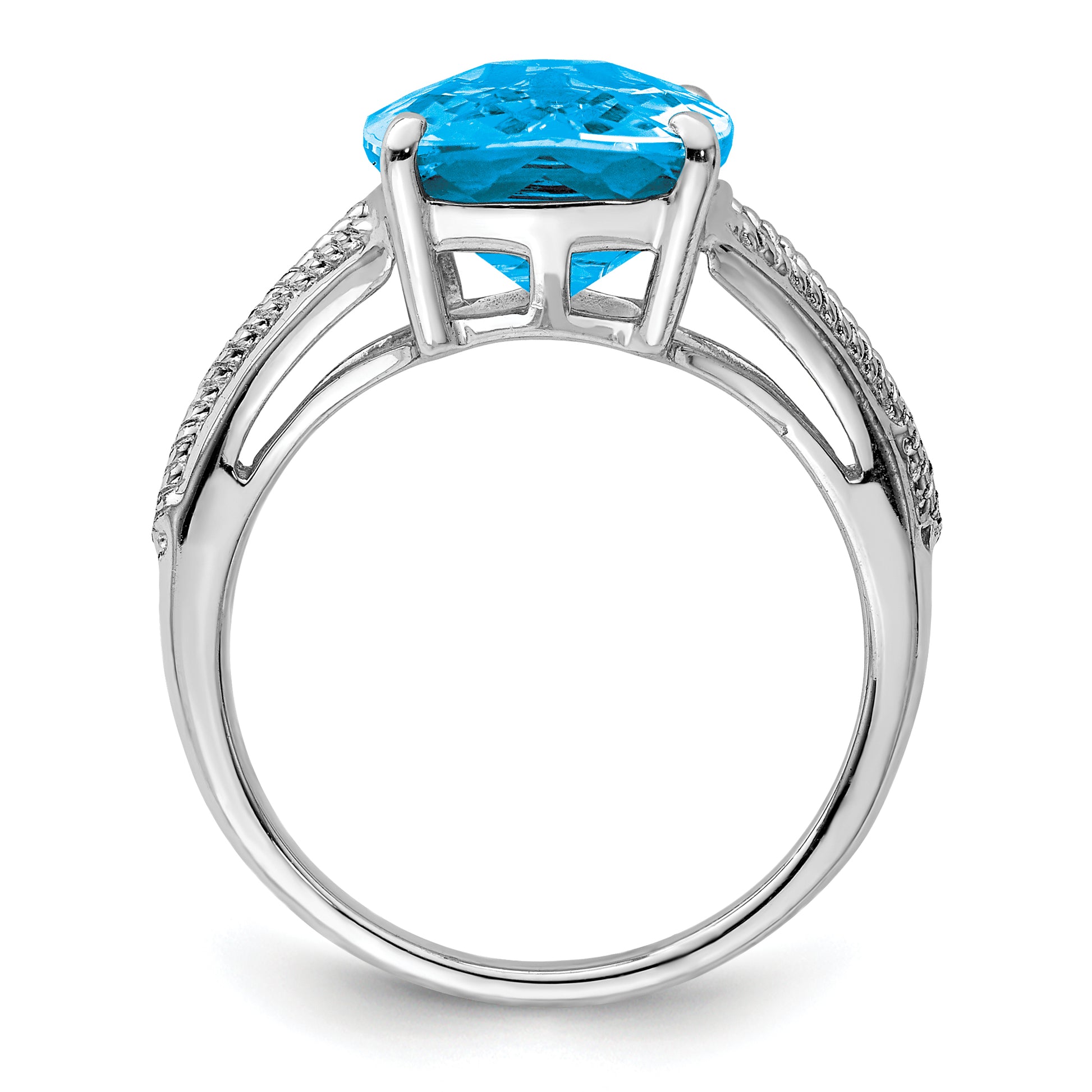 Sterling Silver Rhodium Checker Cut Blue Topaz Ring
