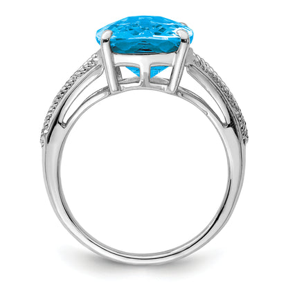 Sterling Silver Rhodium Checker Cut Blue Topaz Ring