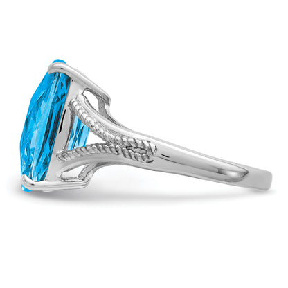 Sterling Silver Rhodium Checker Cut Blue Topaz Ring