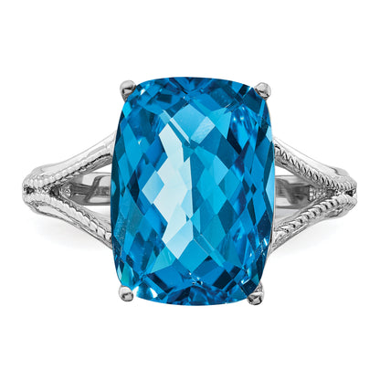 Sterling Silver Rhodium Checker Cut Blue Topaz Ring