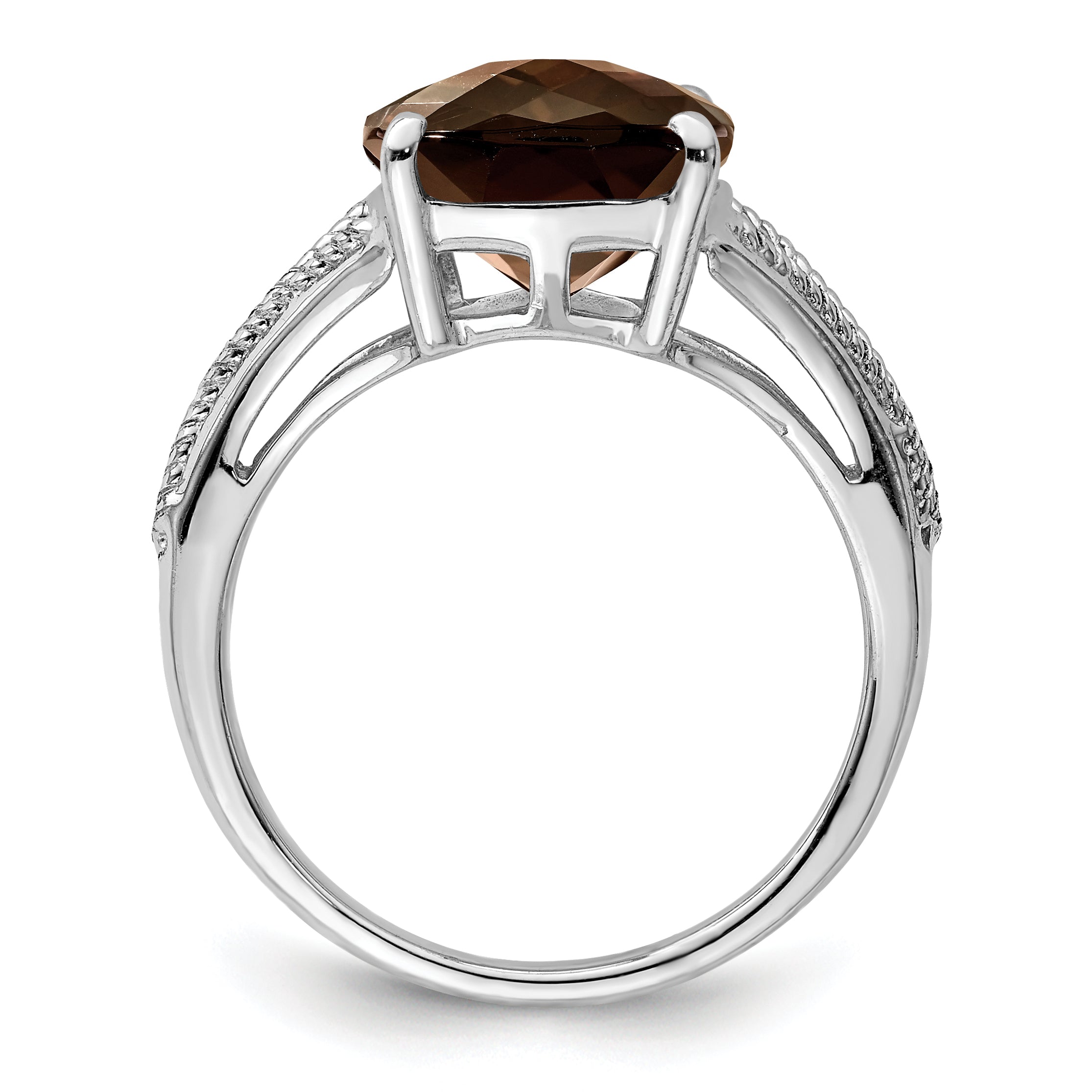 Sterling Silver Rhodium Checker Cut Smoky Quartz Ring