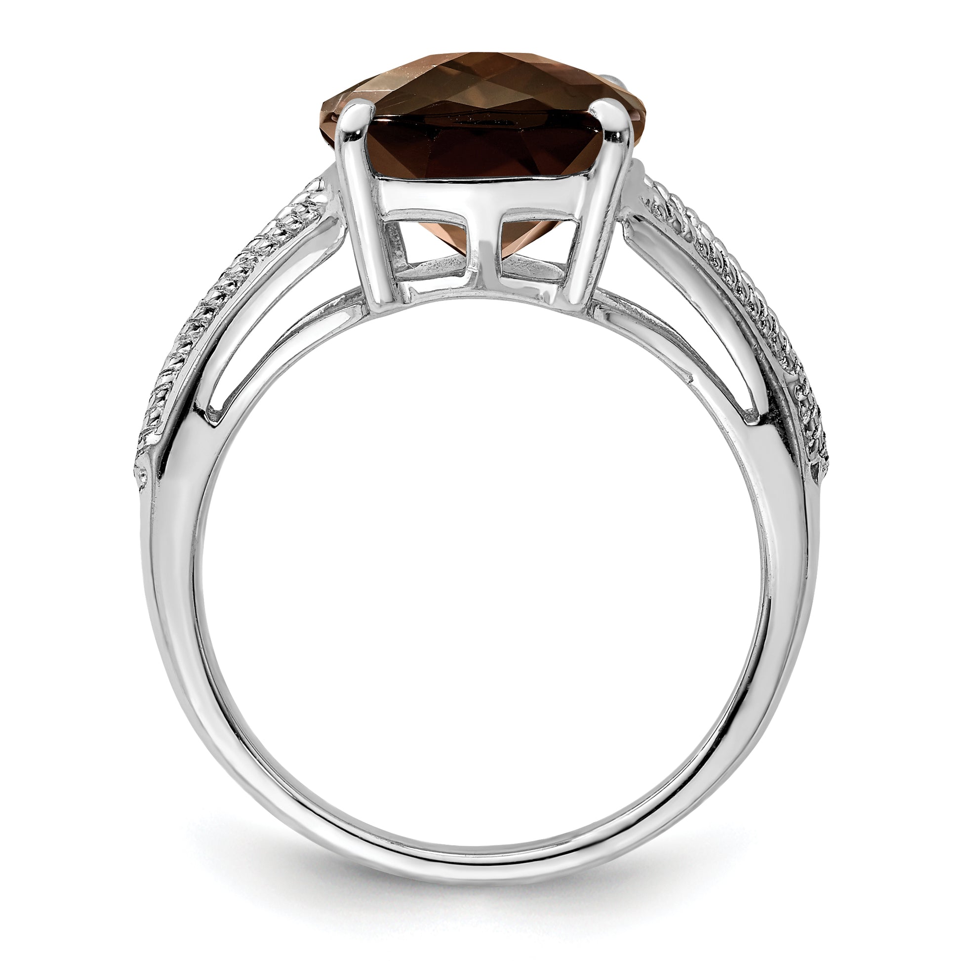 Sterling Silver Rhodium Checker Cut Smoky Quartz Ring