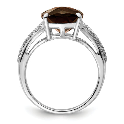 Sterling Silver Rhodium Checker Cut Smoky Quartz Ring