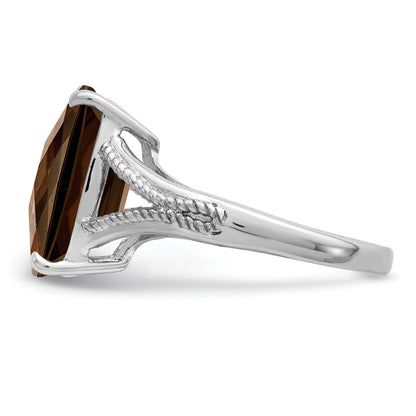 Sterling Silver Rhodium Checker Cut Smoky Quartz Ring