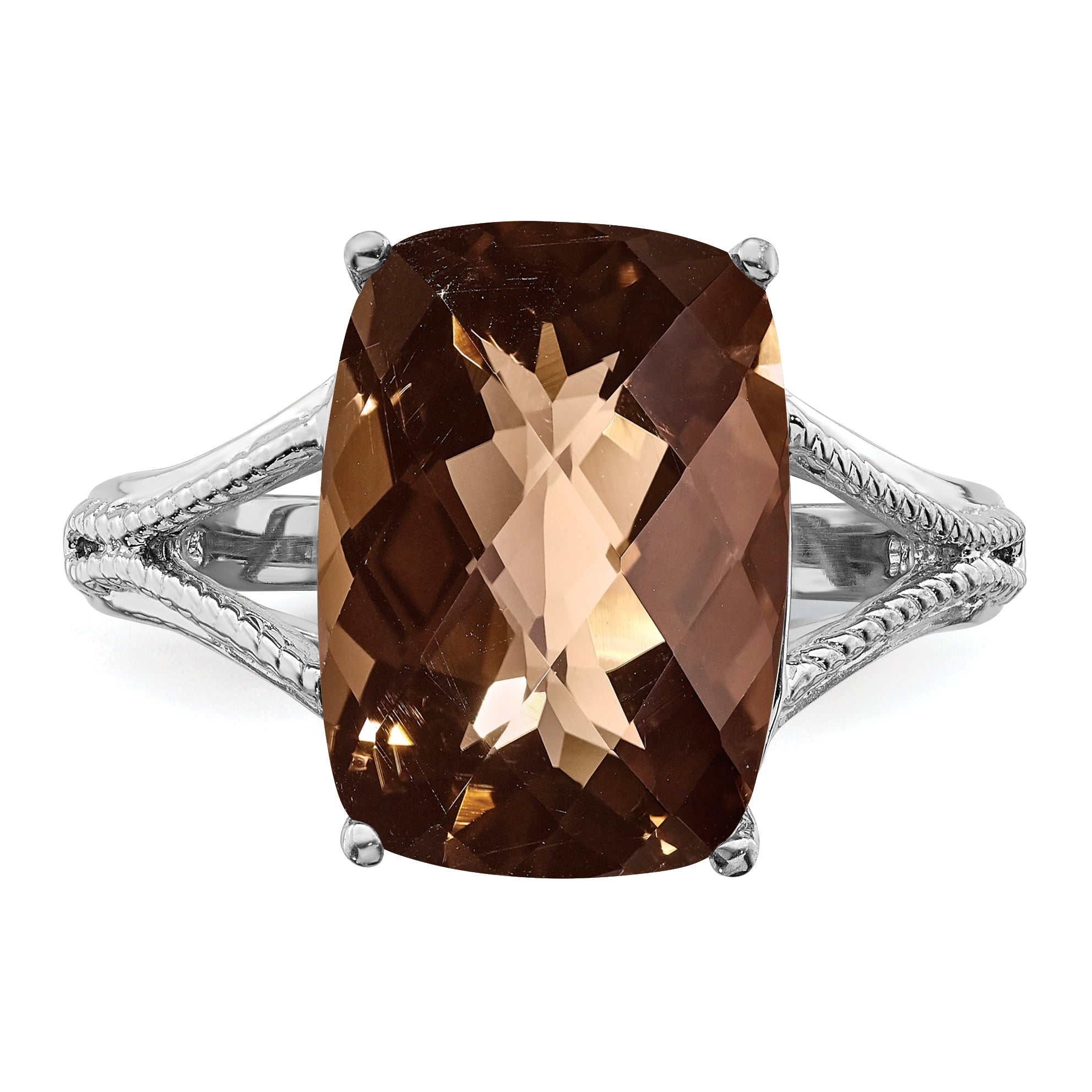 Sterling Silver Rhodium Checker Cut Smoky Quartz Ring