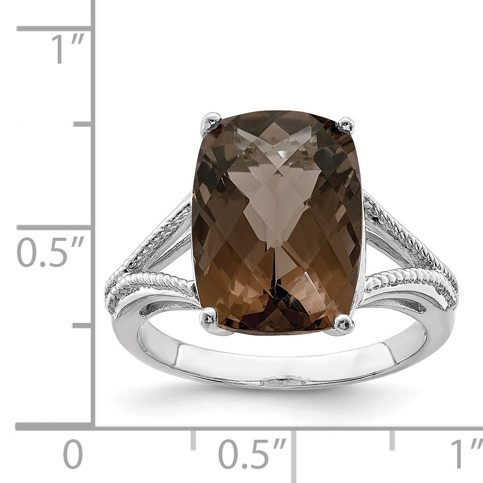 Sterling Silver Rhodium Checker Cut Smoky Quartz Ring