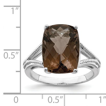 Sterling Silver Rhodium Checker Cut Smoky Quartz Ring