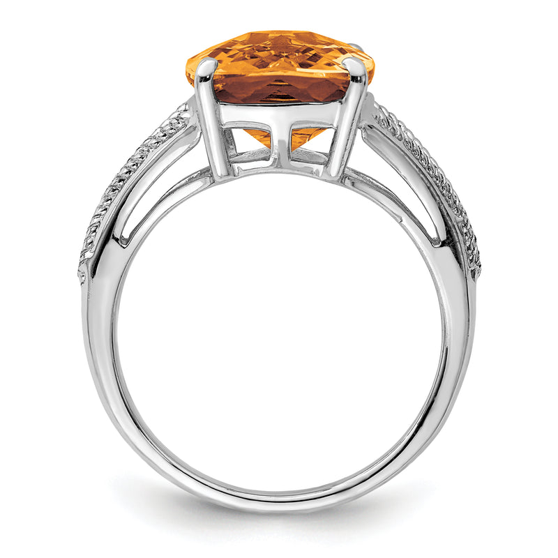 Sterling Silver Rhodium Checker Cut Whiskey Quartz Ring