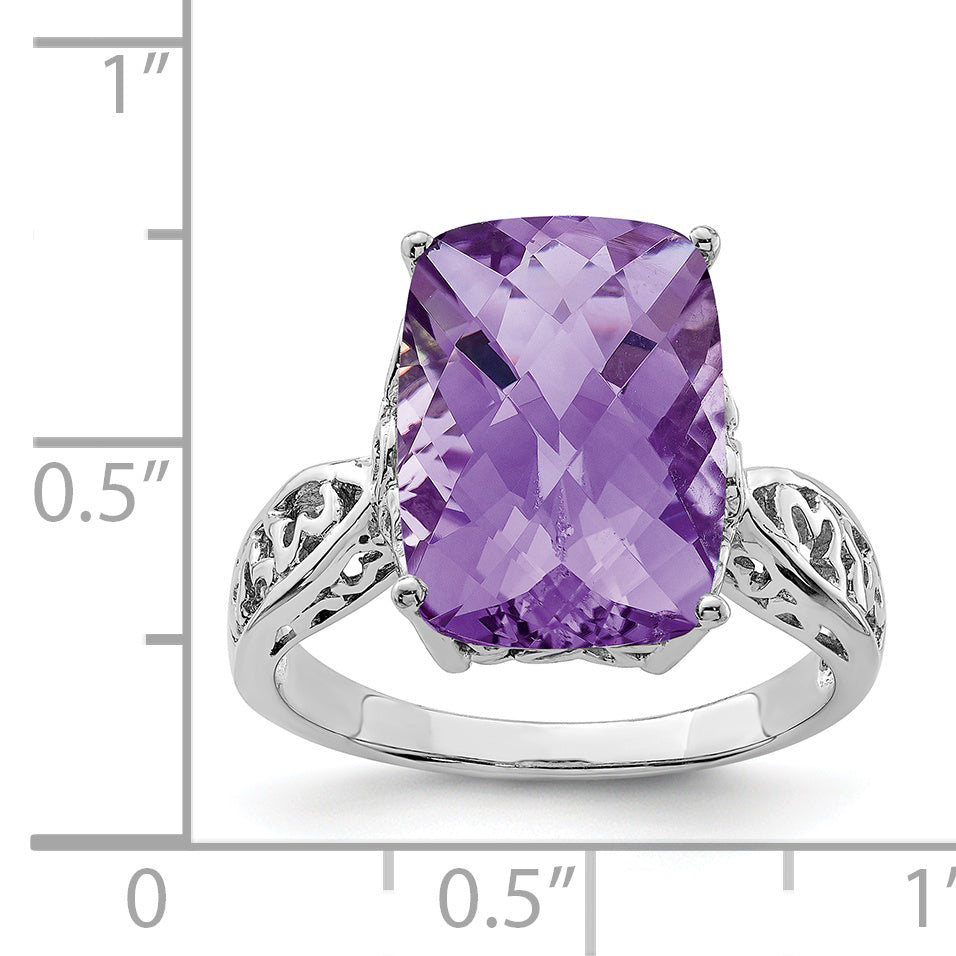 Sterling Silver Rhodium Plated Checker Cut Amethyst Ring (Size 7 Only)