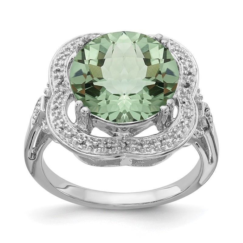 Sterling Silver Rhodium Checker Cut Green Quartz Ring (Size 7 Only)