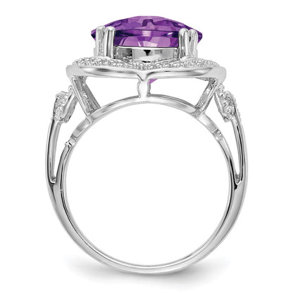 Sterling Silver Rhodium Plated Checker Cut Amethyst Ring (Size 7 Only)