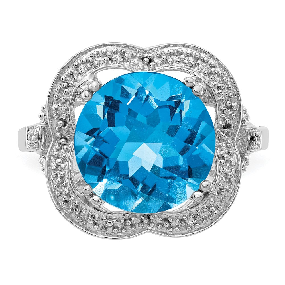 Sterling Silver Rhodium Checker Cut Blue Topaz Ring (Size 7 Only)