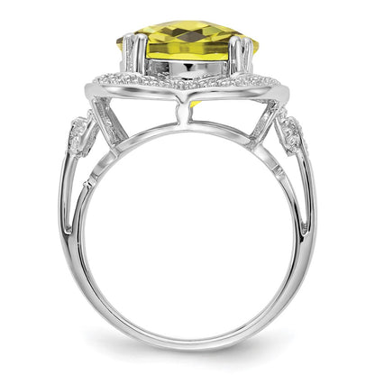 Sterling Silver Rhodium Checker Cut Lemon Quartz Ring (Size 7 Only)