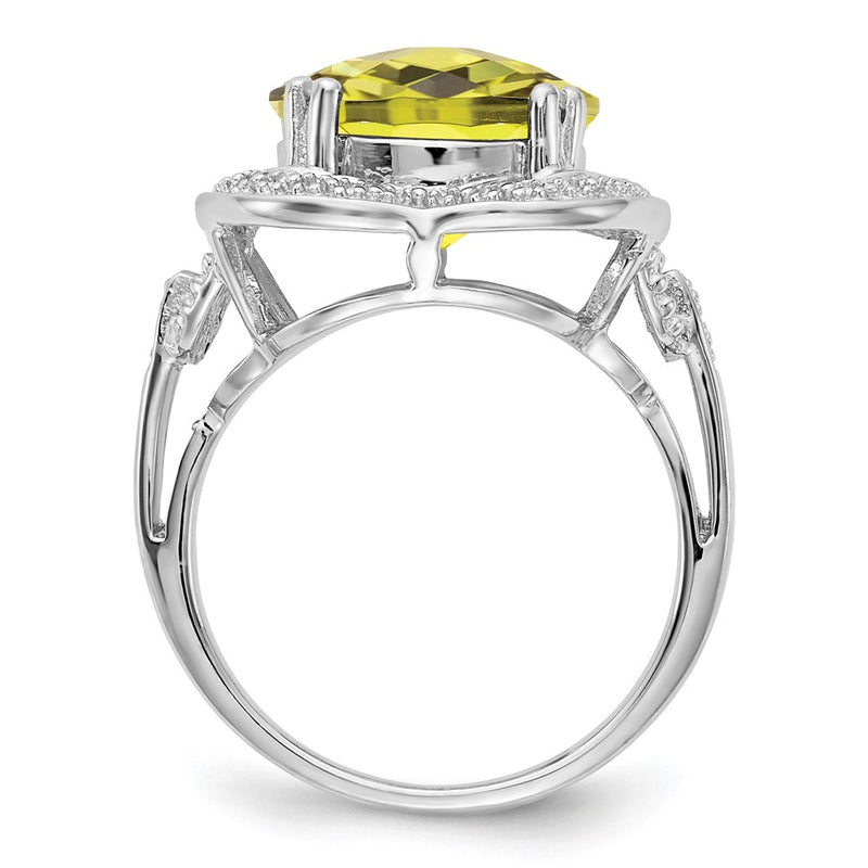 Sterling Silver Rhodium Checker Cut Lemon Quartz Ring (Size 7 Only)