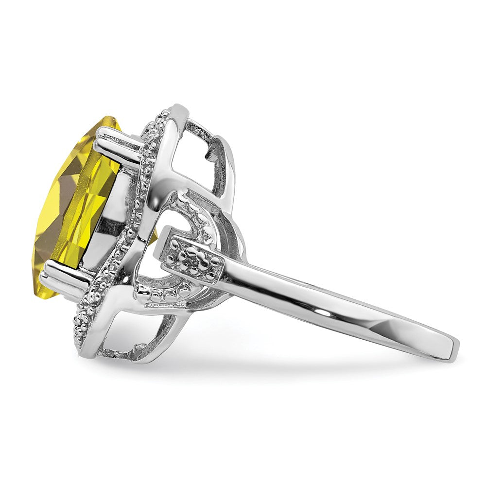 Sterling Silver Rhodium Checker Cut Lemon Quartz Ring (Size 7 Only)