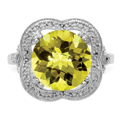 Sterling Silver Rhodium Checker Cut Lemon Quartz Ring (Size 7 Only)