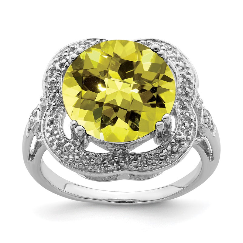 Sterling Silver Rhodium Checker Cut Lemon Quartz Ring (Size 7 Only)