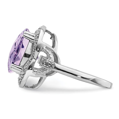 Sterling Silver Rhodium Checker Cut Pink Quartz Ring (Size 7 Only)