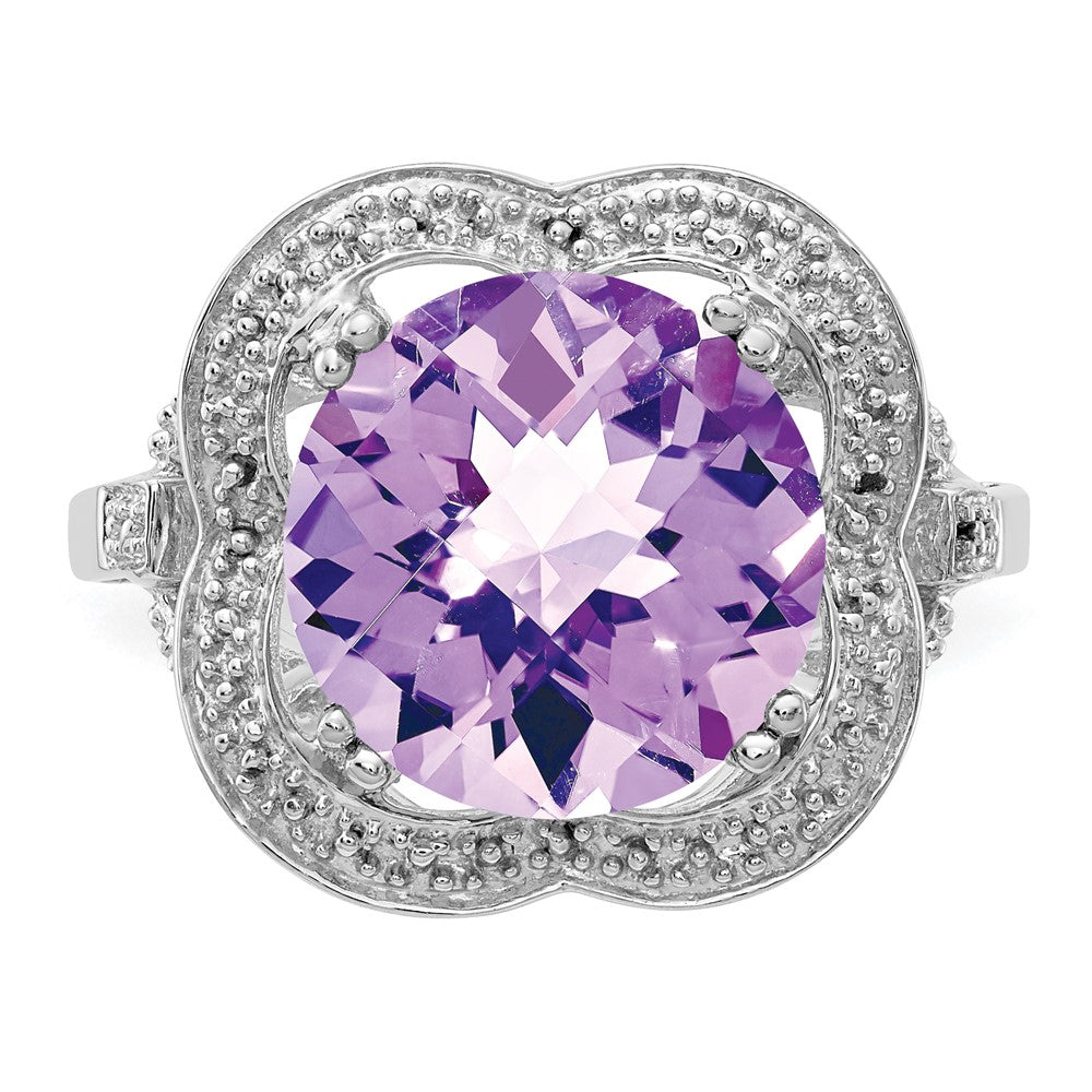 Sterling Silver Rhodium Checker Cut Pink Quartz Ring (Size 7 Only)