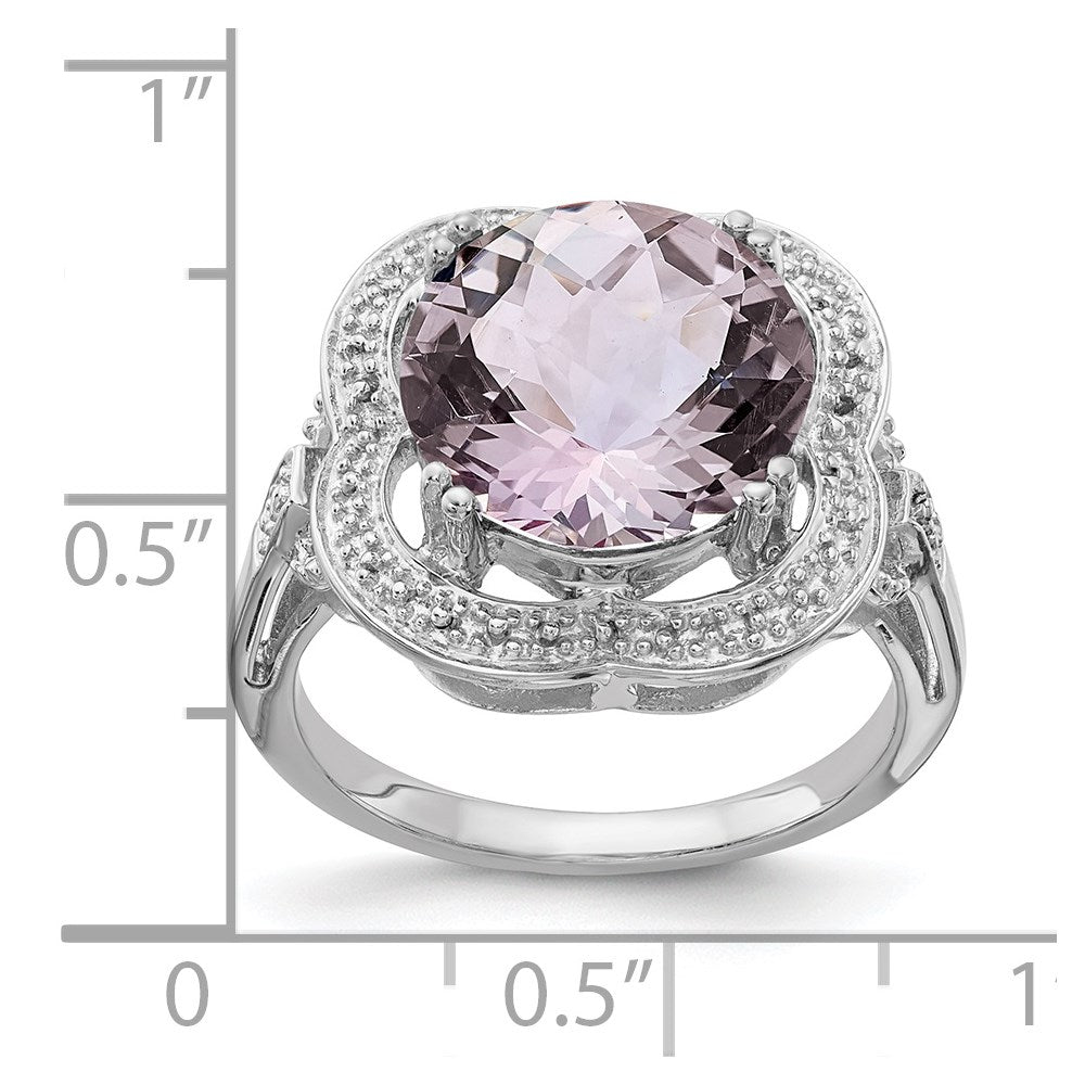 Sterling Silver Rhodium Checker Cut Pink Quartz Ring (Size 7 Only)