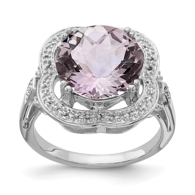 Sterling Silver Rhodium Checker Cut Pink Quartz Ring (Size 7 Only)