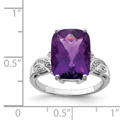 Sterling Silver Rhodium Plated Checker Cut Amethyst Ring (Size 7 Only)