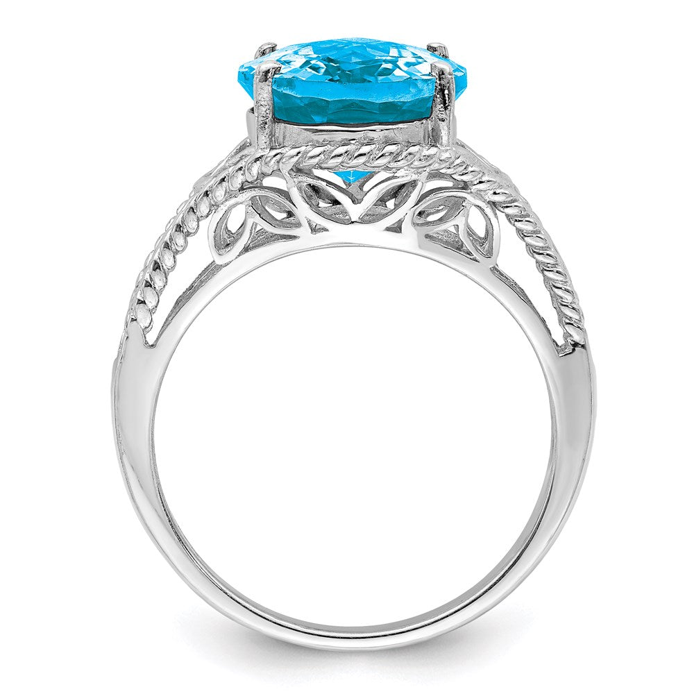 Sterling Silver Rhodium Oval Checker Cut Blue Topaz Ring (Size 7 Only)