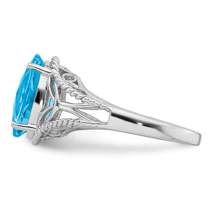 Sterling Silver Rhodium Oval Checker Cut Blue Topaz Ring (Size 7 Only)