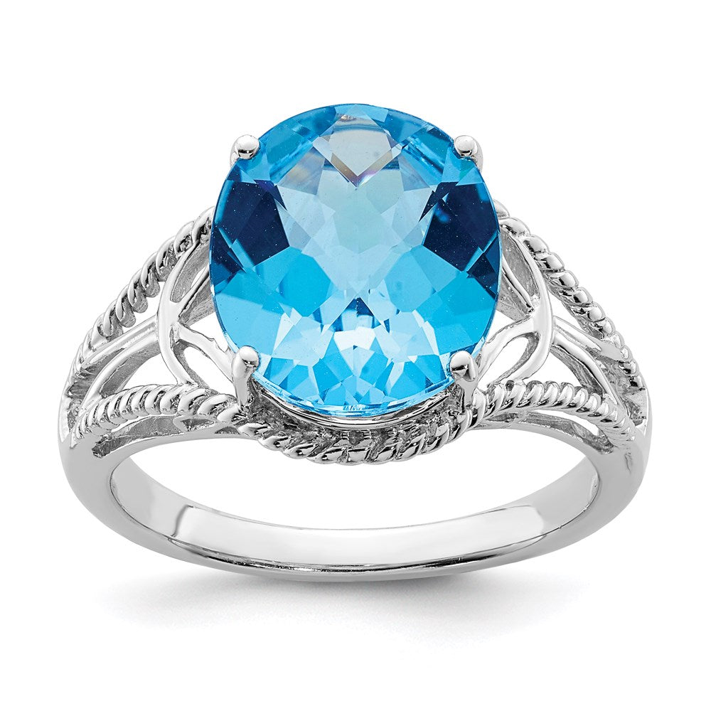 Sterling Silver Rhodium Oval Checker Cut Blue Topaz Ring (Size 7 Only)