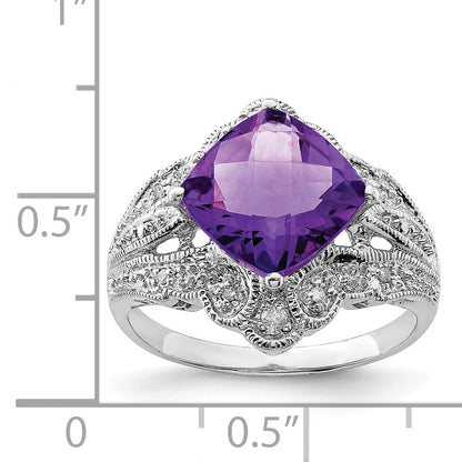 Sterling Silver Rhodium Plated Checker Cut Amethyst & Diamond Ring (Size 7 Only)