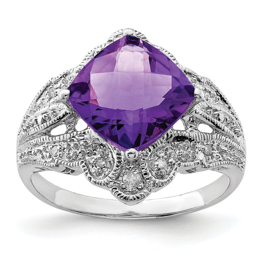 Sterling Silver Rhodium Plated Checker Cut Amethyst & Diamond Ring (Size 7 Only)