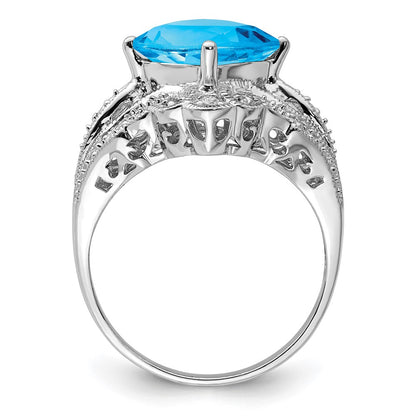 Sterling Silver Rhodium Checker Cut Blue Topaz & Diamond Ring (Size 7 Only)