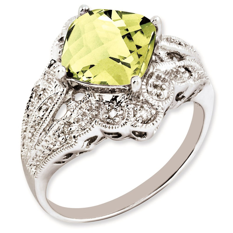 Sterling Silver Rhodium Plated Checker Cut Lemon Quartz & Diamond Ring (Size 7 Only)