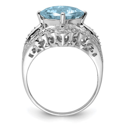 Sterling Silver Rhodium Checker Cut Sky Blue Topaz & Diamond Ring (Size 7 Only)