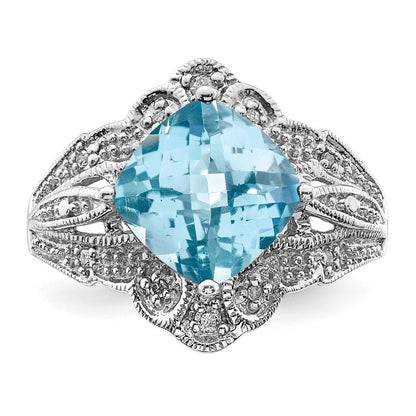 Sterling Silver Rhodium Checker Cut Sky Blue Topaz & Diamond Ring (Size 7 Only)