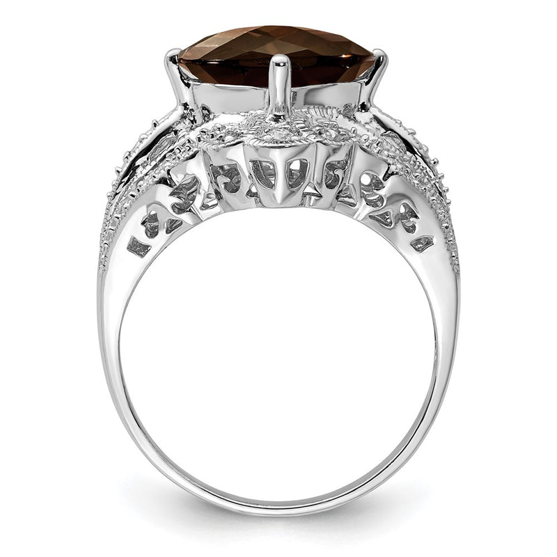 Sterling Silver Rhodium Checker Cut Smoky Quartz & Diamond Ring (Size 7 Only)