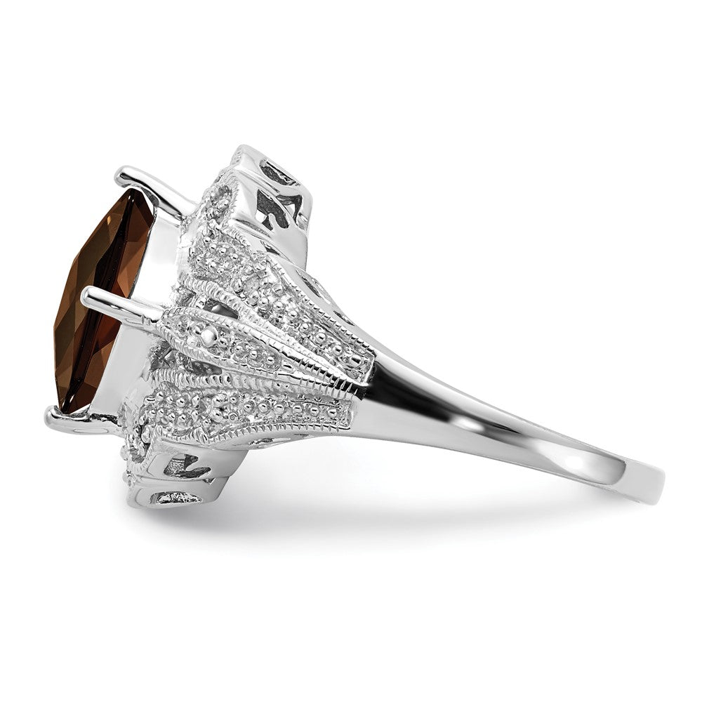 Sterling Silver Rhodium Checker Cut Smoky Quartz & Diamond Ring (Size 7 Only)