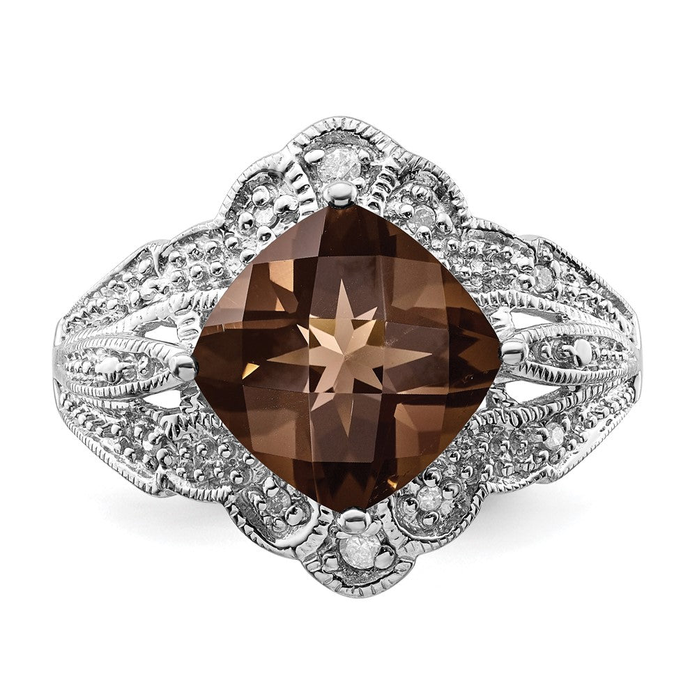 Sterling Silver Rhodium Checker Cut Smoky Quartz & Diamond Ring (Size 7 Only)