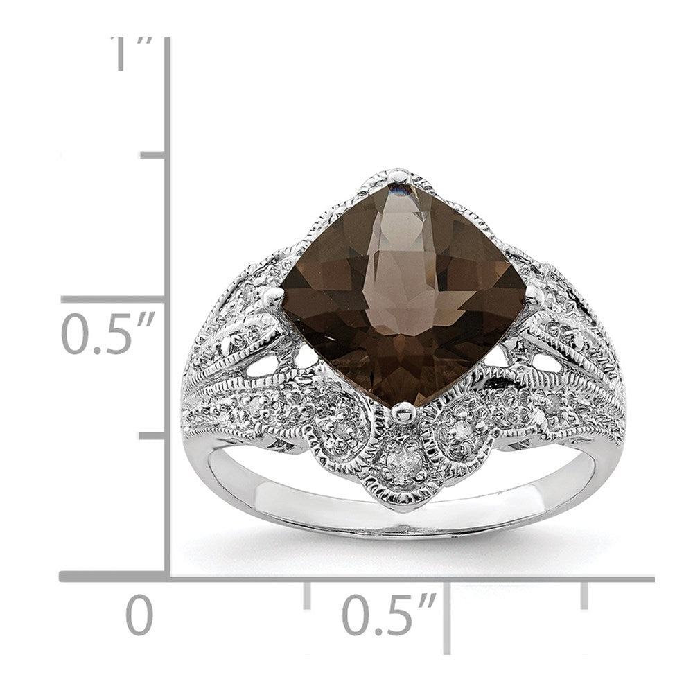Sterling Silver Rhodium Checker Cut Smoky Quartz & Diamond Ring (Size 7 Only)