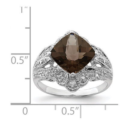 Sterling Silver Rhodium Checker Cut Smoky Quartz & Diamond Ring (Size 7 Only)
