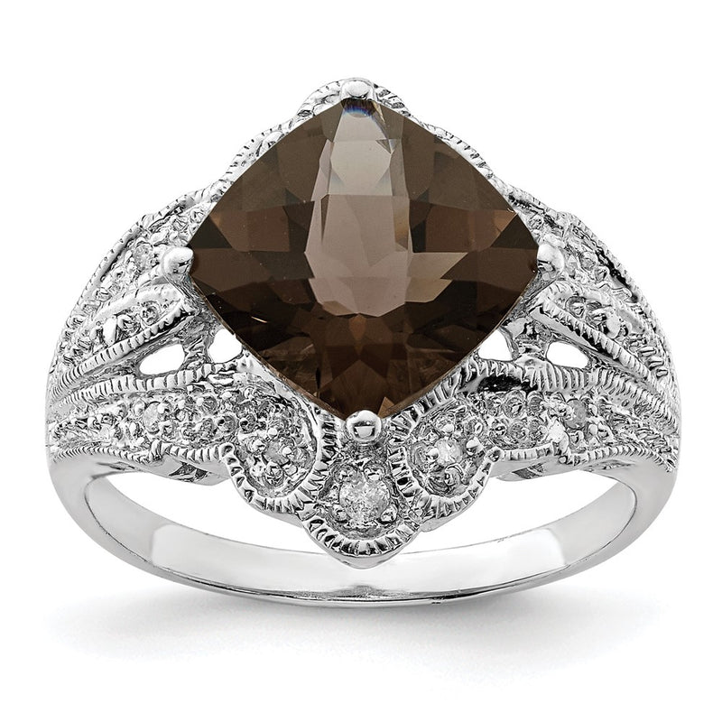 Sterling Silver Rhodium Checker Cut Smoky Quartz & Diamond Ring (Size 7 Only)
