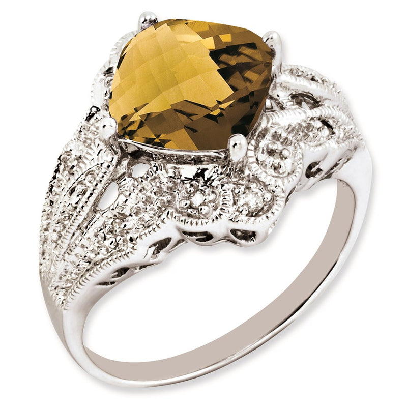 Sterling Silver Rh Plated Checker Cut Whiskey Quartz & Diamond Ring (Size 7 Only)