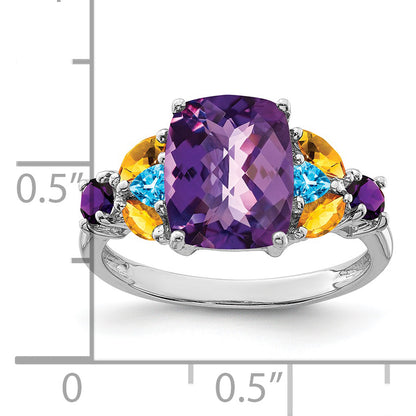 Sterling Silver Rhodium Plated Amethyst, Blue Topaz & Citrine Ring