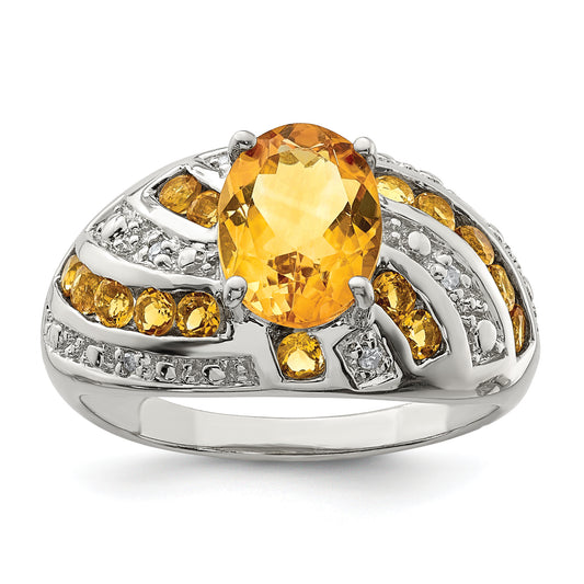 Sterling Silver Rhodium Plated Citrine & Diamond Ring (Size 5 Only)