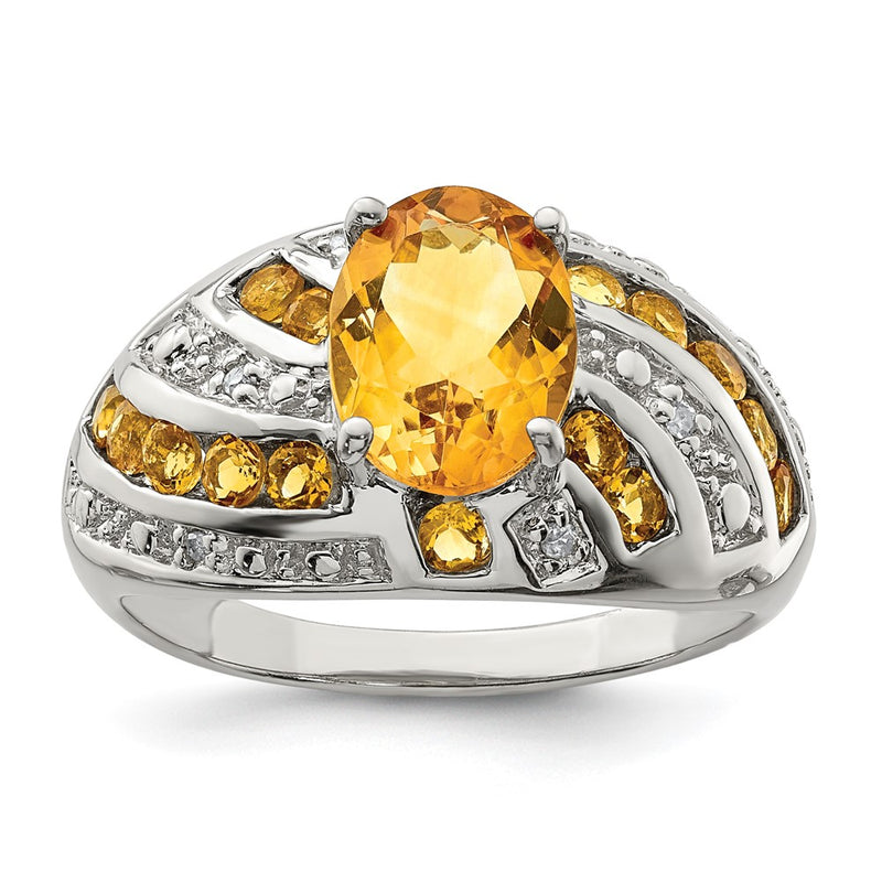 Sterling Silver Rhodium Plated Citrine & Diamond Ring (Size 5 Only)
